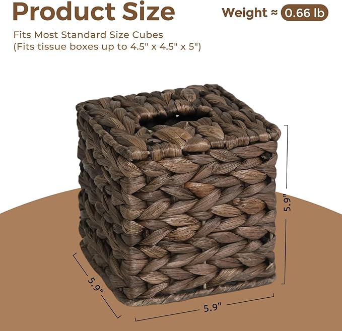 Tissue Box Cover, Square Wicker Tissue Box Holder Facial Tissues Boxes, Hand Woven Napkin Box Tissue Holder for Bathroom Bedroom Office Table Desk Night Stand, Boho Decorative, Brown