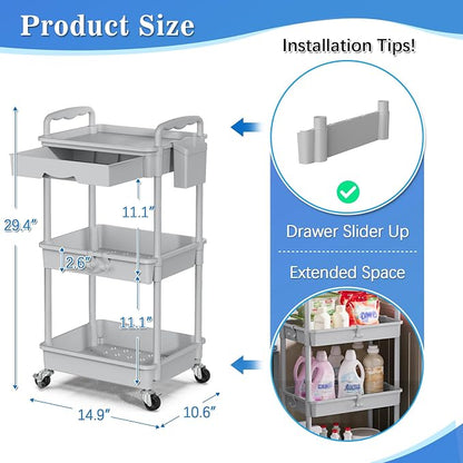 SUNALLY 3 Tier Rolling Cart with Drawer, Bathroom Storage Organizer with 2 Lockable Wheels, Multifunctional Rolling Storage Cart for Bathroom, Kitchen, Office, Craft, Makeup, Baby Essentials, Gray