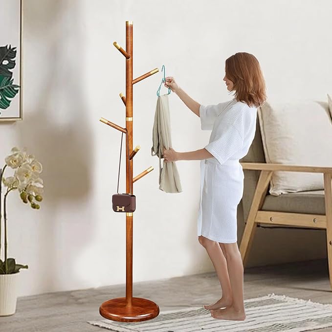 Solid Wooden Coat Rack Stand, Coat Racks Freestanding with 6 Hooks, Natural Birch Wood Coat stands with Sturdy Round Base, Tree Coat Hanger Standing for Entryway Bedroom Office (Tree Design2)