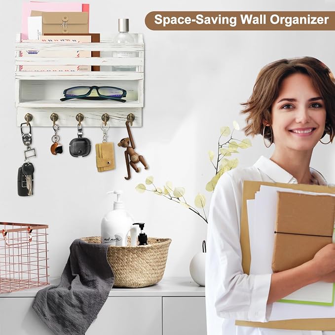 Mail and Key Organizer for Wall – Key Holder Wall Mount with Storage Box and 5 Key Hooks, Mail Holder Wall Mounted for Entryway, Apartment, Office, Home Decor Organization (White)