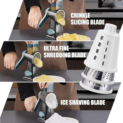 KEOUKE Rotary Cheese Grater Pro 6 in 1 - Shredder Crinkle Slicer Grinder Ice Shaver, Stable Suction, Time-saving Easy Use & Clean, Safe Morden Kitchen Tool for Cheese, Vegetable, Nuts, Chocolate