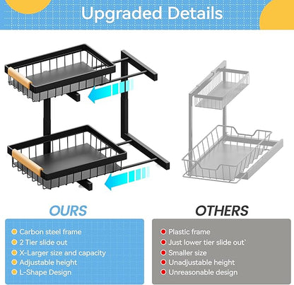 ADBIU Under Sink Organizer(10 Seconds Installation), 2 Packs 2 Tier Expandable Height (11"" - 16"") Under-Sink Organizers Slide out Pull out Organizer Shelf, Black