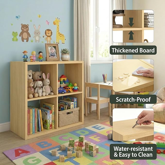 WannabeMyself【2026 Wooden Thick Frame】 4 Cube Storage Organizer with Anti-Tipping Kits, Reversible Open Back Book Shelf,Bookcase for Living Room,Bedroom,Entrance Hall,Office,11.6×24.6×24.7,Oak Color