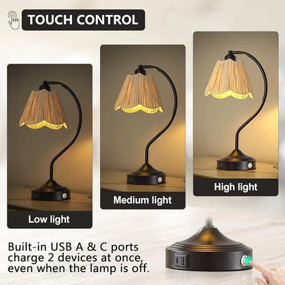 Set of 2 Vintage Small Touch Table Lamps with USB A+C Ports | 3-Way Dimmable Bedside Lamp, Retro Rattan Shade Curved Arm Desk Lamp for Bedroom Living Room Nightstand, Bulb Included