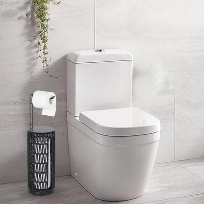 Black Freestanding Toilet Paper Holder with Storage,3 Rolls of Tissue Holder for Bathroom,Handmade Woven Toilet Paper Roll Holder Stand,Rattan Sturdy Boho Bathroom