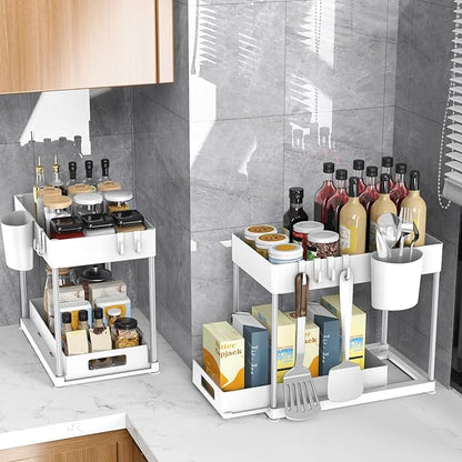2 Pack Under Sink Organizer with Pull-Out Drawer, 2-Tier Cabinet Storage for Kitchen & Bathroom, Tool-Free Assembly, Fits Cleaning Supplies & Toiletries, Space Saving for Small Cabinets, White