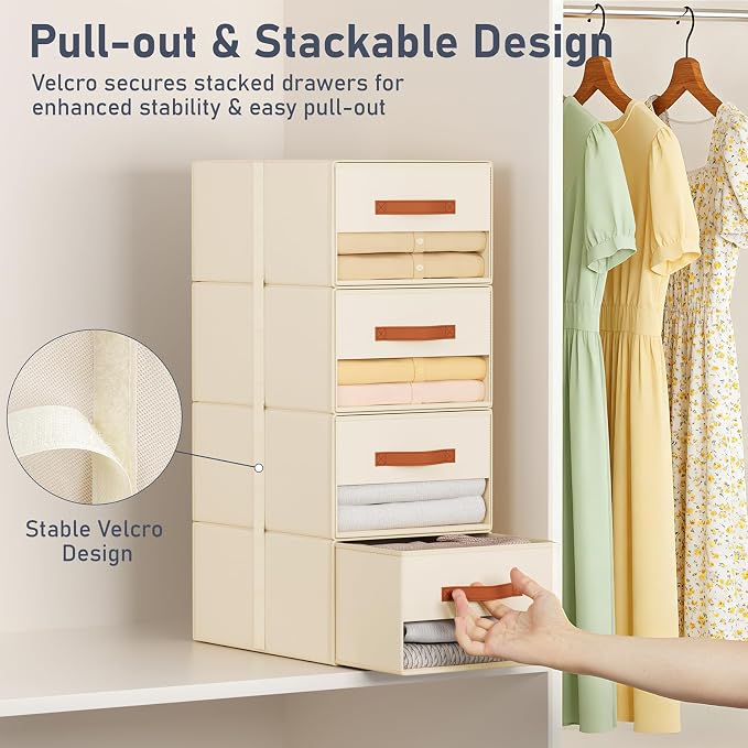 DIMJ Closet Organizers and Storage - Pull-out Fabric Bins with Drawers for Closet Foldable Clothes Organizers with Clear Window, Stackable Storage Drawers for Bedroom,Living Room,Shelf,4-Pack, Beige
