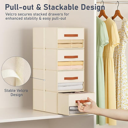 DIMJ Closet Organizers and Storage - Pull-out Fabric Bins with Drawers for Closet Foldable Clothes Organizers with Clear Window, Stackable Storage Drawers for Bedroom,Living Room,Shelf,4-Pack, Beige