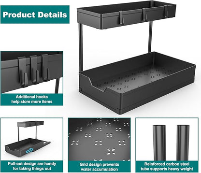 NATURE'S SOURCE 2 Pack Under Sink Organizer 2 Tier Sliding Cabinet Organizers Multi-Purpose Sink Storage Basket L-Shape Narrow Space Storage Shelves with 4 Hook for Kitchen Bathroom Drawer, Black