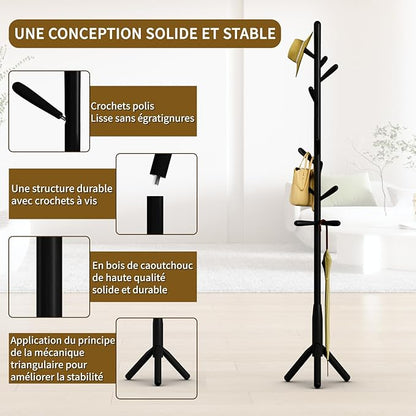 Solid Wood Coat Rack, Freestanding Tree-Shaped Coat Rack with 11 Hooks, Main Pole 1.6" dia for Clothes, Hat Stand Used in Bedroom/Office/Entryway (3-Leg Base, Black)