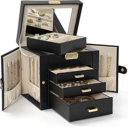 AKOZLIN 4-Tier Jewelry Box Leather Jewelry Storage Organizer with 3 Drawers Lockable for Women Girls Ring Necklace Earring Bracelet Holder with Mirror Black