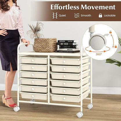 GOFLAME 12-Drawer Rolling Storage Cart, Multifunctional Art Craft Organizer Cart, Mobile Utility Storage Cart with Removable Drawers & Lockable Wheels, Craft Cart for Home Office School, White