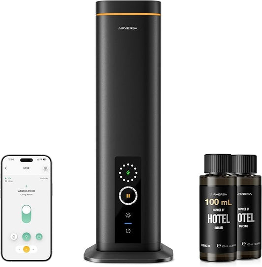 Airversa Waterless Diffuser, Smart Tower Diffuser with App Control, Cold Air Scent Diffuser Oil Machine for Homes Offices Hotels, 300mL Capacity, Up to 1500 sq ft, DC-12V/1A Plug, RDX Black Kit