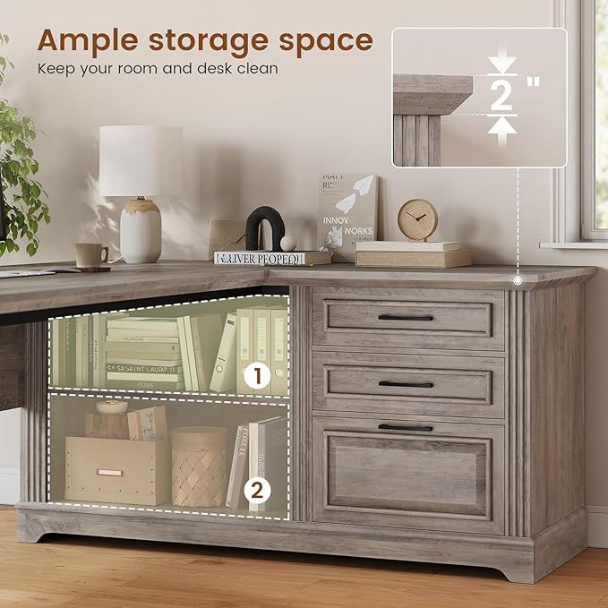 SEDETA Executive Desk, 61" Farmhouse L Shaped Desk with File Drawers, Office Desk with Drawers and Power Outlets, Computer Desk with Storage Shelves for Home Office, Grey