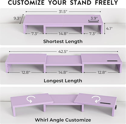 BONTEC Dual Monitor Stand Riser with Smartphone Holder, Adjustable Length & Swivel Angle, Ergonomic Wooden Desktop Organizer for PC Monitor, Laptop, Printer, Large Storage, Purple