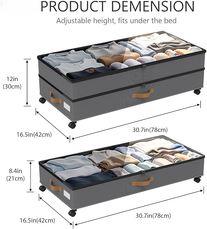 Under Bed Storage with Wheels 2-Pack, 75L XXL Under the Bed Storage Containers Large, 12" Tall Adjustable Storage for Underbed with Lids, Rolling for Clothes, Shoes, Blankets (Grey)