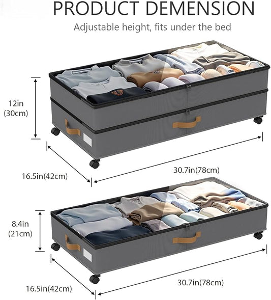 Under Bed Storage with Wheels 2-Pack, 75L XXL Under the Bed Storage Containers Large, 12" Tall Adjustable Storage for Underbed with Lids, Rolling for Clothes, Shoes, Blankets (Grey)
