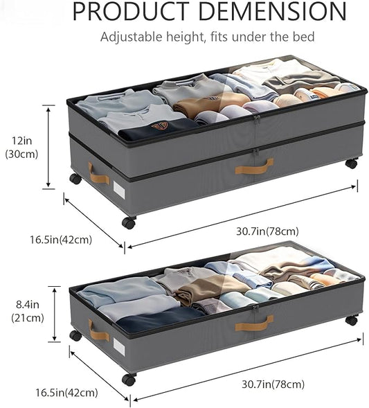 Under Bed Storage with Wheels 2-Pack, 75L XXL Under the Bed Storage Containers Large, 12" Tall Adjustable Storage for Underbed with Lids, Rolling for Clothes, Shoes, Blankets (4PCS-Grey)