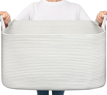 Goodpick Large Blanket Basket Living Room, Storage Baskets for Organizing, Woven Rope Laundry Basket for Toy Storage, 21.6" x 14.9" x 11.8", White