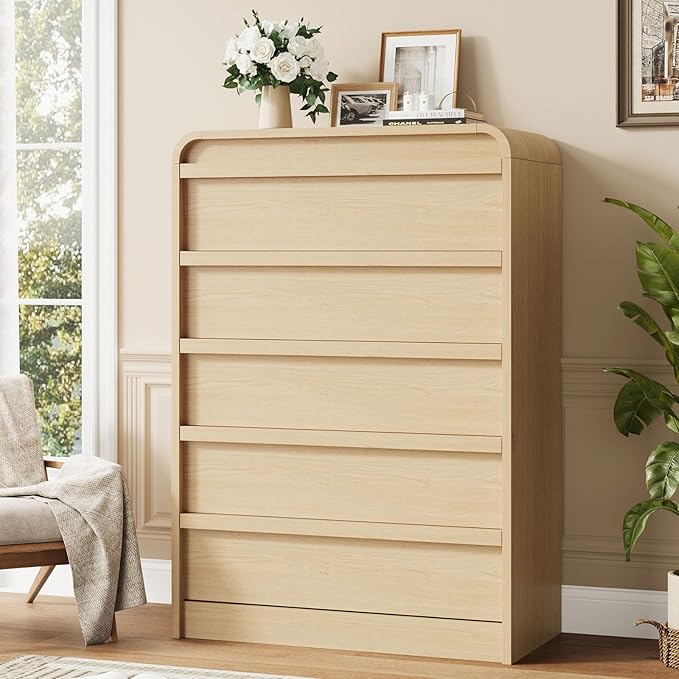 GarveeHome Arched 5 Drawer Dresser for Bedroom, 45in Tall Wooden 5 Chest of Drawers with Curved Profile Design, Modern Closet Storage Organizer for Living Room, Entryway, Nursery - Natural Oak