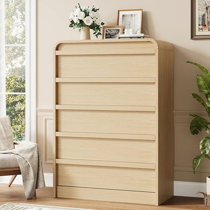 GarveeHome Arched 5 Drawer Dresser for Bedroom, 45in Tall Wooden 5 Chest of Drawers with Curved Profile Design, Modern Closet Storage Organizer for Living Room, Entryway, Nursery - Natural Oak