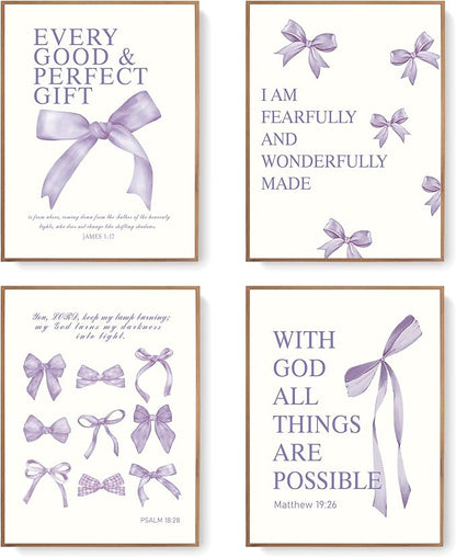 LARTSFRO Coquette Purple Bow Wall Art Decor Posters, Purple Bow Room Bedroom Bathroom Dorm Wall Art Decor Aesthetic for Teen Girls Gifts, Inspirational Bible Verses Bow Wall Decor, 10x8 Inch Set of 4 Pcs Bow Pictures (UNFRAMED)