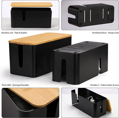 ZhiYo Bamboo Lid Cord Organizer Box, 2Pack Large Cable Management Box, Safe ABS Wire Organizer for TV and Computer, Wood Cover Cord Hider to Hide Wires, USB Hub & Under Desk Power Strip, Black