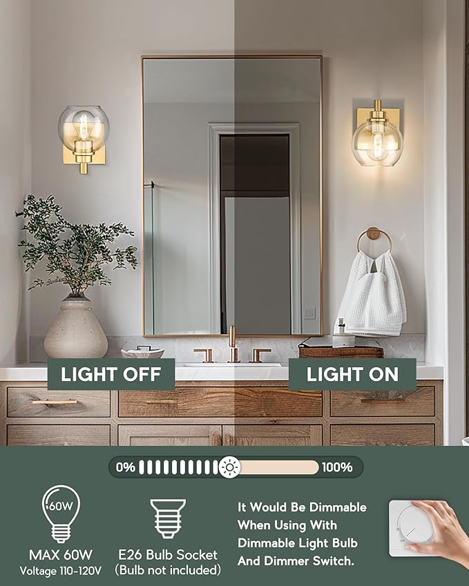Wall Sconces Set of 2, 1-Light Brushed Gold Sconces Wall Lighting with Globe Clear Glass Shade, Modern Bathroom Vanity Light Fixtures for Mirror Bedroom Living Room, VL195-BG-CL-1-2PK