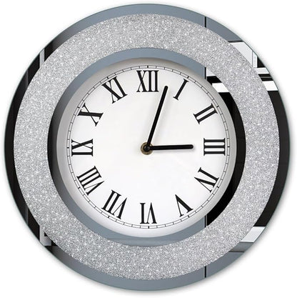 DMDFIRST Bling Silver Round Mirror Clock 12inch. Glam Sparkle Twinkle Shining Mirrored Wall Clock for Wall Decoration Silver Glass Mirror Home Decor. AA Battery is not Included.