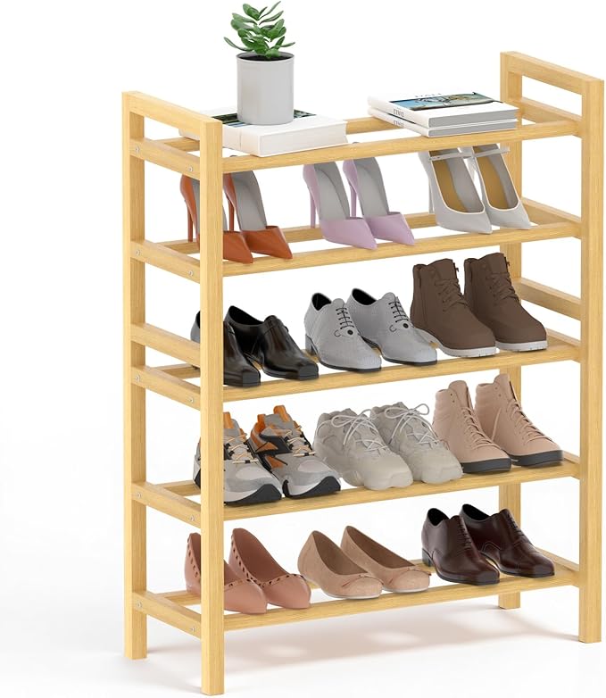 Haddockway Bamboo Shoe Rack for Closet, Free Standing Shoe Organizer with Smooth Round Rods & Convenient Handles, Stackable Shoe Storage Shelf for Entryway, Hallway(Natural, 5-Tier(Small))