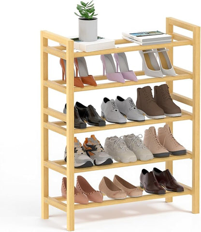 Haddockway Bamboo Shoe Rack for Closet, Free Standing Shoe Organizer with Smooth Round Rods & Convenient Handles, Stackable Shoe Storage Shelf for Entryway, Hallway(Natural, 5-Tier(Small))
