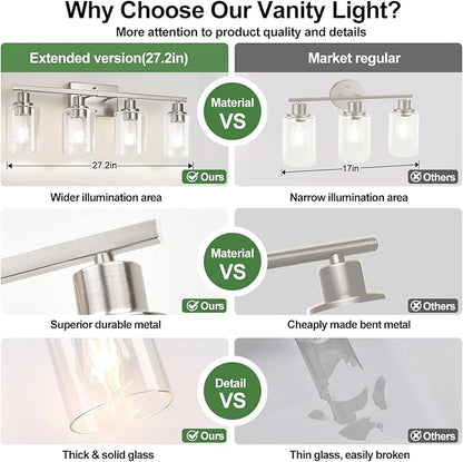 4-Light Bathroom Light Fixtures, Vanity Light with Clear Glass Shades, Brushed Nickel Bathroom Light Fixtures Over Mirror, Modern Bathroom Wall Lamp for Mirror Living Room Cabinet Bedroom