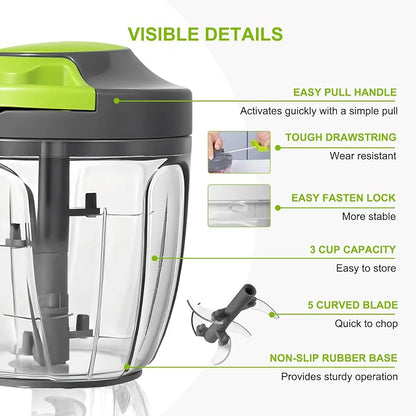Manual Food Processor Vegetable Chopper, Portable Hand Pull String Garlic Mincer Onion Cutter for Veggies, Ginger, Fruits, Nuts, Herbs, etc., 900ml-Gray