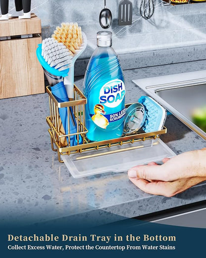 Consumest Sink Caddy, Kitchen Sponge Holder with Dish Brush Holder, Kitchen Sink Organizer with Drip Tray for Countertop, Stainless Steel Rustproof - Gold
