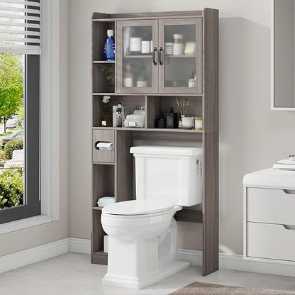 Vabches Over The Toilet Storage Cabinet, Farmhouse Storage Cabinet Over Toilet with Acrylic Doors，Home Space-Saving Toilet Rack, for Bathroom, Restroom, Laundry(Grey