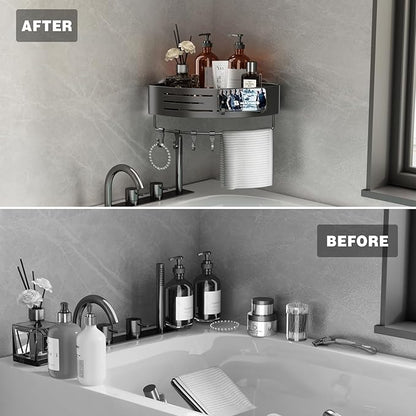 Voldra Corner Shower Caddy Suction Cup, 2 Pack Corner Shower Shelves No Drilling, Aluminum Upgrade Suction Cup Shower Organizer with Towel Bar & Hooks Removable Bathroom Storage Rack(Gray)