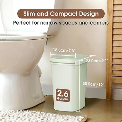 CEROELDA 3 Pack Bathroom Trash Can with Lid, 10L/2.6 Gal Small Garbage Can with Press Top Lid, Slim Plastic Waste Basket for Toilet, Office, Bedroom (Green)