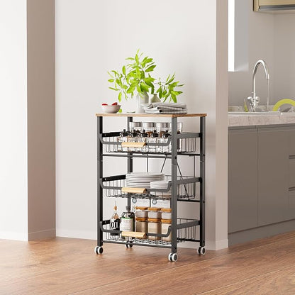 NiuYichee 4-Layer Fruit Basket Kitchen Food Storage Organizer and Storage Rack, Stackable Storage cart with Desktop, Pull-Out Hollow Metal Storage Basket, liding Out Storage,White