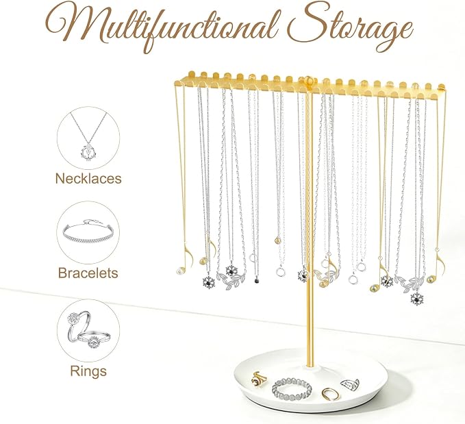 Jewelry Organizer Stand, Metal Necklace Holder Display With 42 Hooks, Gold Jewelry Holder for Necklaces, Bracelets, Rings, Bedroom College Dorm Decor for Women and Girls