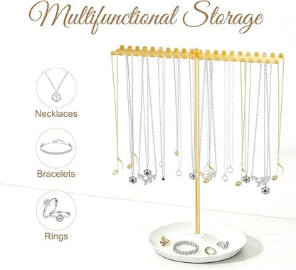 Jewelry Organizer Stand, Metal Necklace Holder Display With 42 Hooks, Gold Jewelry Holder for Necklaces, Bracelets, Rings, Bedroom College Dorm Decor for Women and Girls