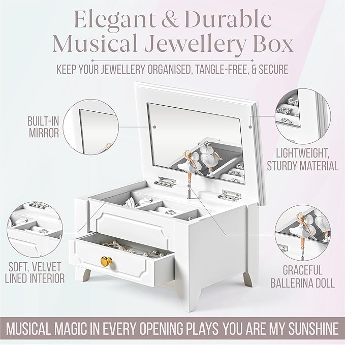 Kids Musical Jewelry Box with Lock and Mirror, Wooden Jewelry Organizer with Spinning Ballerina and You Are My Sunshine Music, Home Decor & Gifts for Girls (White, Medium)