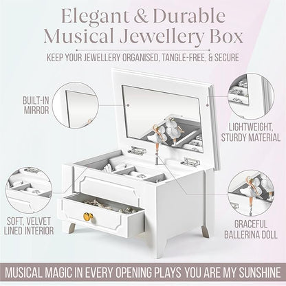 Kids Musical Jewelry Box with Lock and Mirror, Wooden Jewelry Organizer with Spinning Ballerina and You Are My Sunshine Music, Home Decor & Gifts for Girls (White, Medium)