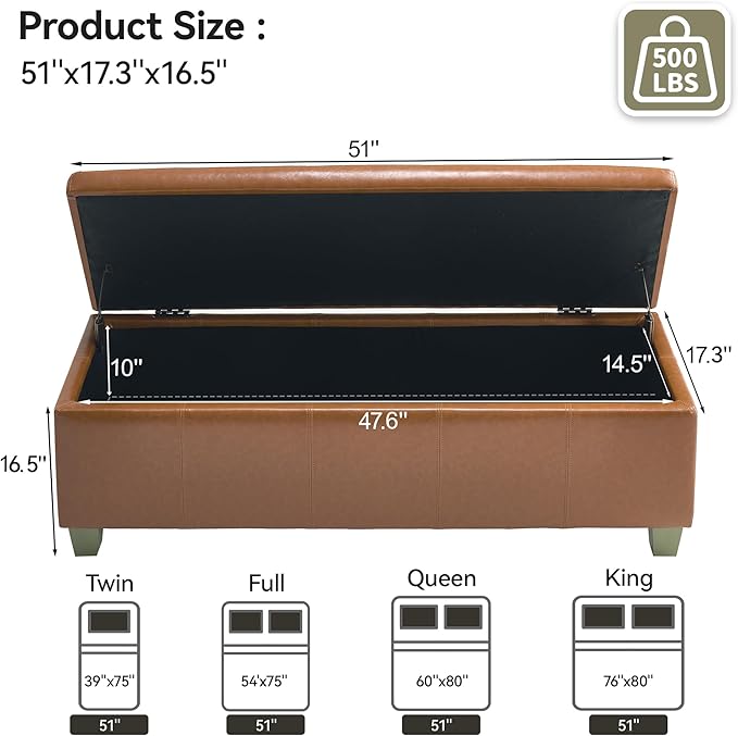 51" Faux Leather Storage Ottoman, Stitch Tufted Rectangle Upholstered End of Bed Storage Bench, Entryway Large Couch Ottoman with Wooden Legs, Light Brown