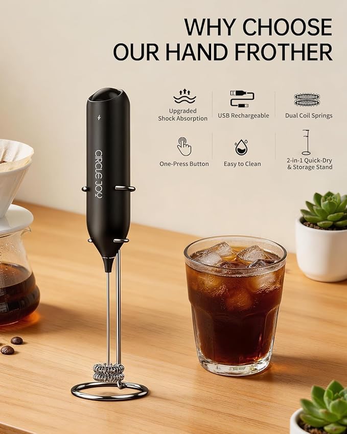 CIRCLE JOY Rechargeable Milk Frother Handheld with Stand, Dual Spring Whisk Head Electric Coffee Frother Foam Maker, Portable Drink Mixer for Cappuccino, Latte, Matcha, Black