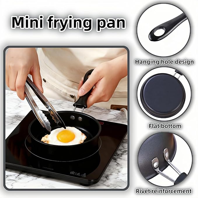 4.7 Inch Mini Frying Pan, Black Non-Stick Egg Pan with Hanging Hole, Flat Bottom Design for Gas, Induction, Electric Stove, Perfect for Single Serve Breakfast, Omelets & Camping, RV Use (Black)