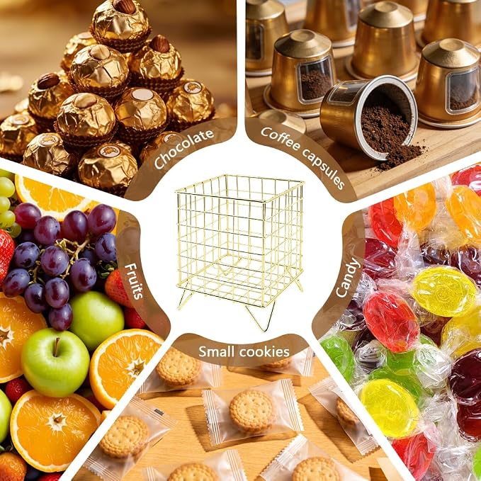 Countertop Organizer Coffee Pod Holder with Ice Tea Spoon, Modern Metal Storage Basket Tabletop Decorative Kitchen Office Bar Accessories for Hold K-cups Coffee Capsules Tea Bags(COLOR:Gold)