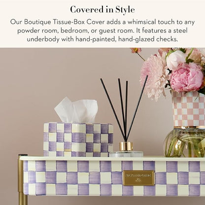 MACKENZIE-CHILDS Boutique Tissue-Box Cover, Square Tissue Holder for Home Decor, Purple-and-White Violet Check