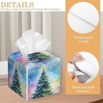 Tissue Box Cover,Christmas Tree Tissue Box Holder Waterproof Leather Facial Paper Organizer Dispenser for Bathroom Home Car Nightstand Vanity
