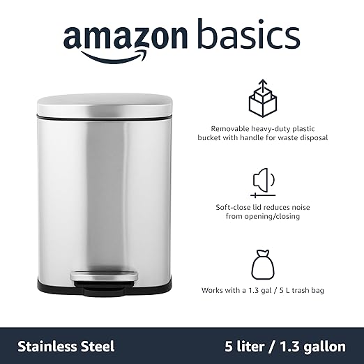 Amazon Basics Smudge Resistant Rectangular Trash Can with Soft-Close Lid, Foot Pedal, Removable Inner Bucket, 5L/1.32 Gal, Brushed Stainless Steel, for Bathroom & Small Space, Satin Nickel Finish