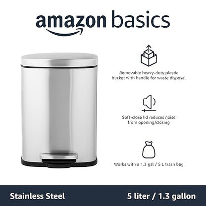Amazon Basics Smudge Resistant Rectangular Trash Can with Soft-Close Lid, Foot Pedal, Removable Inner Bucket, 5L/1.32 Gal, Brushed Stainless Steel, for Bathroom & Small Space, Satin Nickel Finish